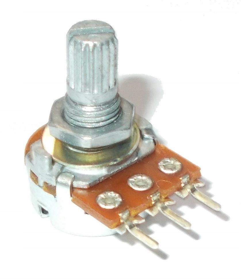 A through-hole analog potentiometer is a type of variable resistor used in electronic circuits to control the voltage or current flow.