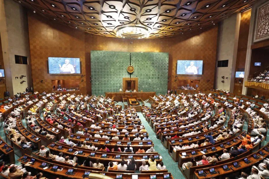 Lok Sabha Speaker presiding over Indian Parliament with committee desks