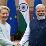 India and European Union officials at a trade signing ceremon