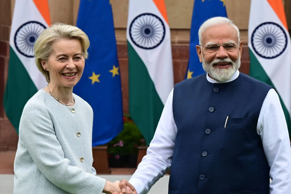 India and European Union officials at a trade signing ceremon