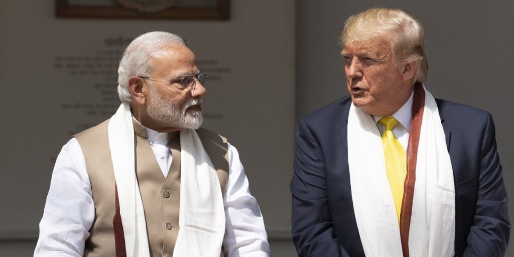 Narendra Modi and Donald Trump at a public event in Ahmedabad in 2020
