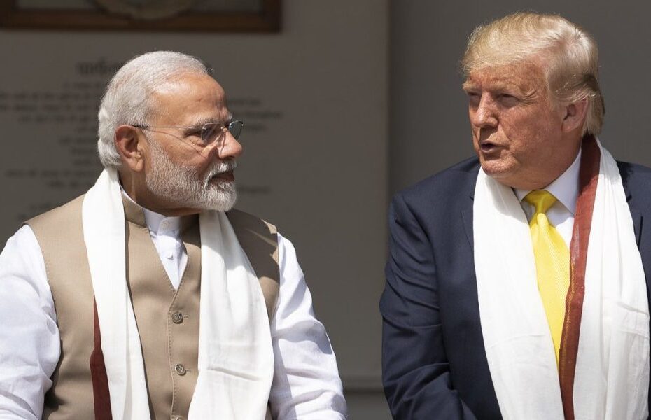 Narendra Modi and Donald Trump at a public event in Ahmedabad in 2020