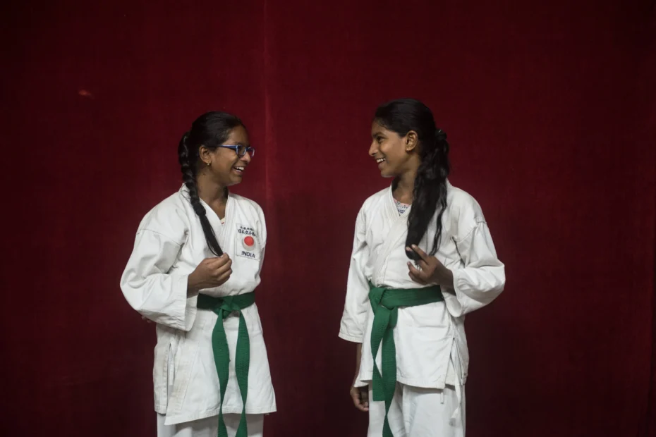 Schoolgirls in Maharashtra practicing martial arts during training