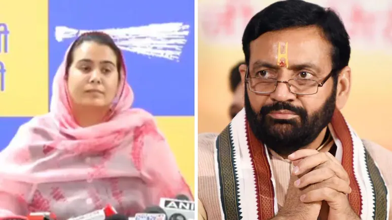AAP MLA Narinder Kaur Bharaj speaks at a press conference in Chandigarh